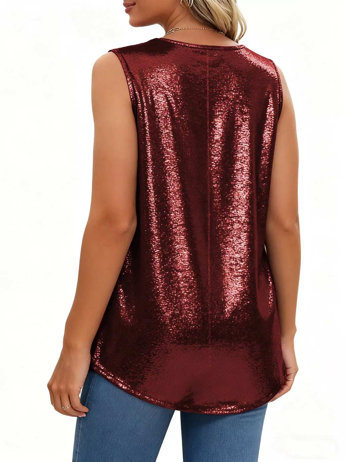 Pleated square neck tank top full styling view