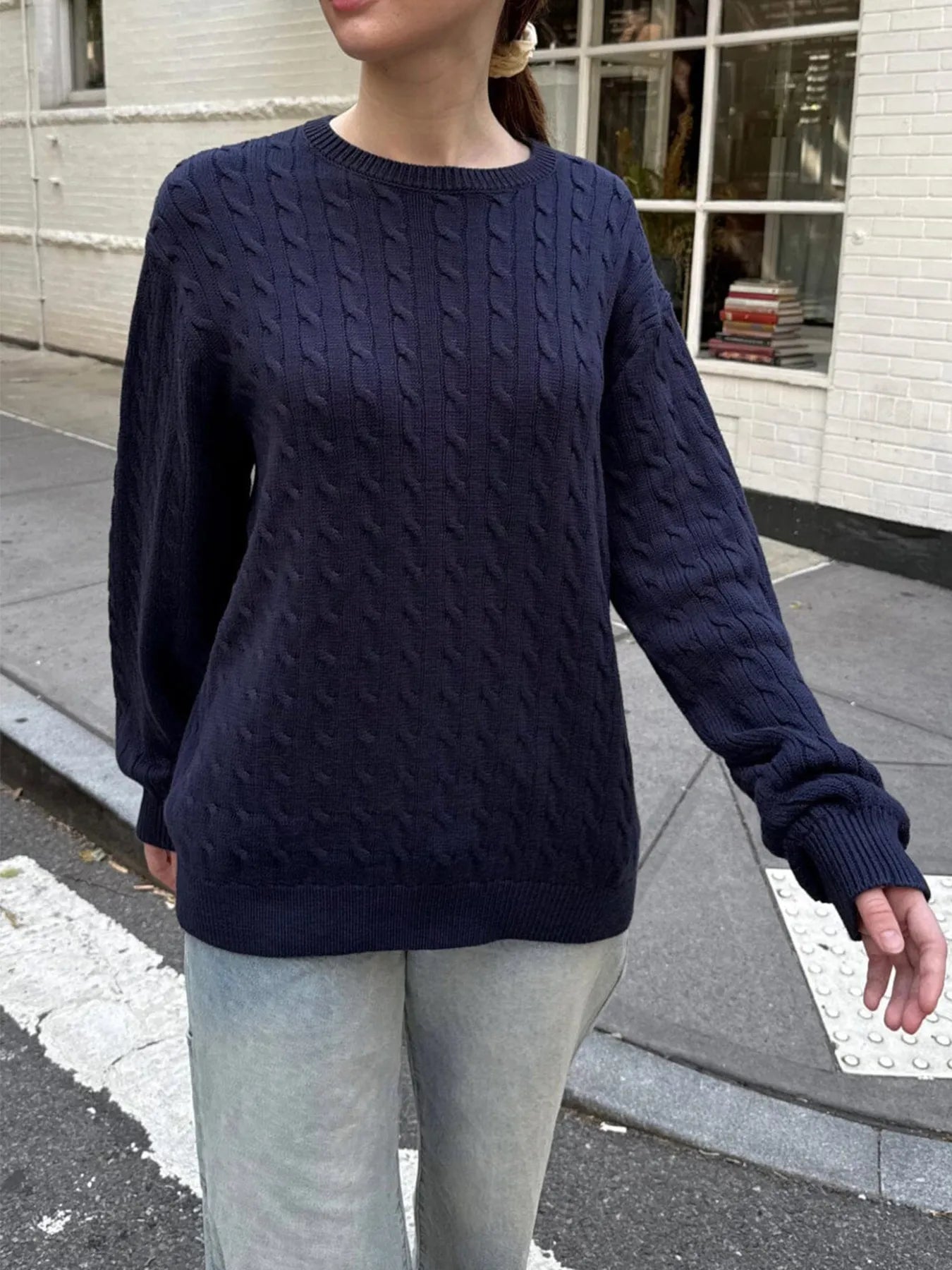 Cable-Knit Round Neck Pullover Sweater - Fashorio