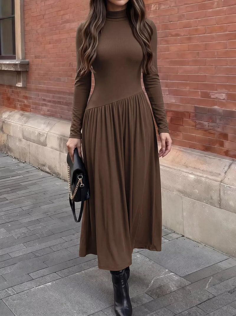 Perfee brown mock neck long sleeve midi dress, front view