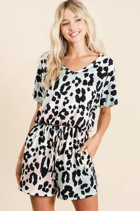 Gradation Leopard Soft Knit V Neck Romper back view