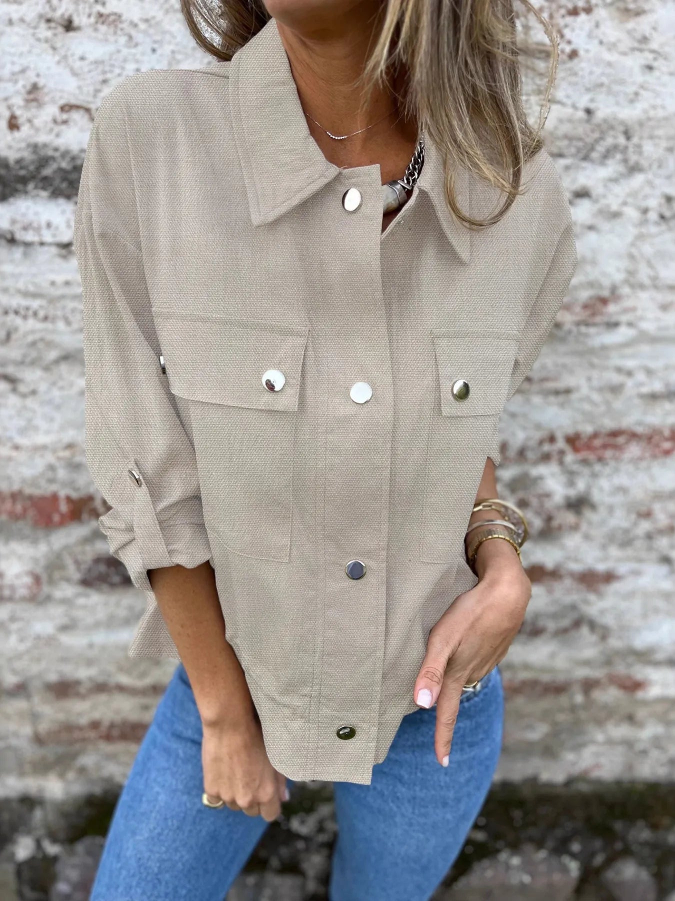 Women’s Utility Shacket with Snap Front and Pockets - Fashorio