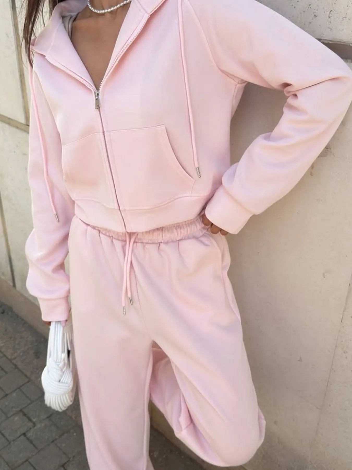 Zip Up Drawstring Hoodie and Pants Set - Fashorio