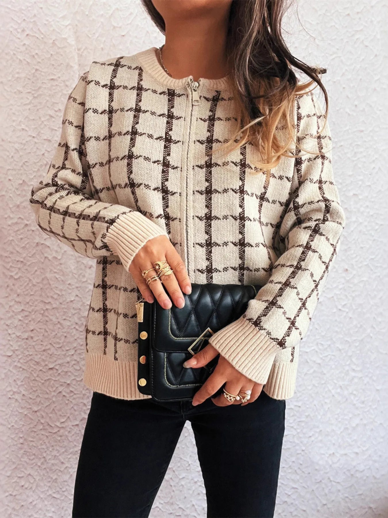 Plaid Pattern Zip Up Cardigan - Fashorio