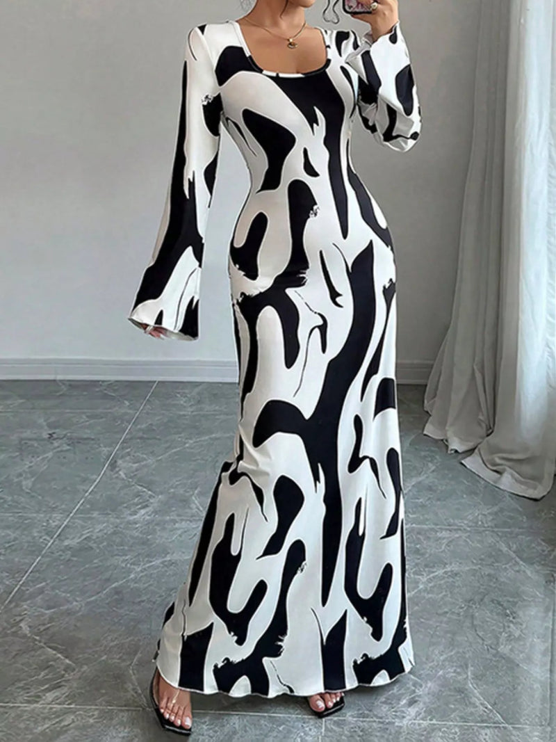 abstract print long sleeve maxi dress front view