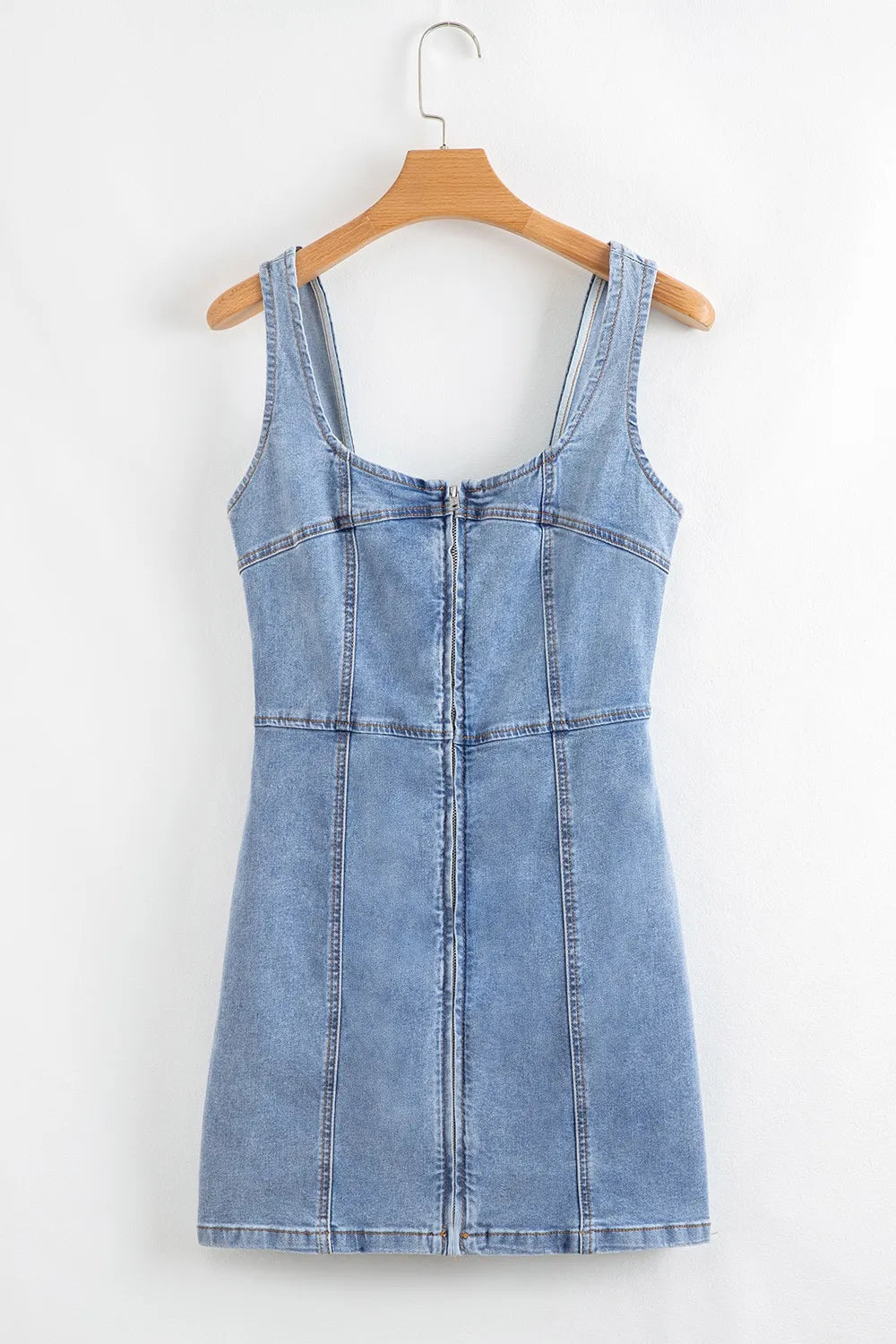 Square Neck Wide Strap Denim Dress - Fashorio