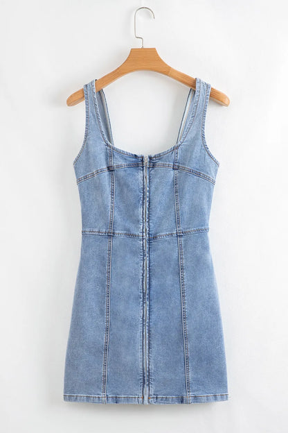 Square Neck Wide Strap Denim Dress - Fashorio