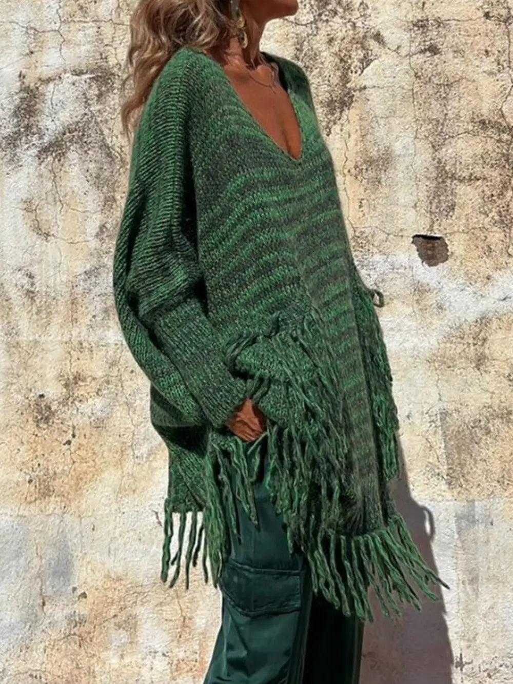 Fringe Detail Long Sleeve Sweater with Pockets - Fashorio