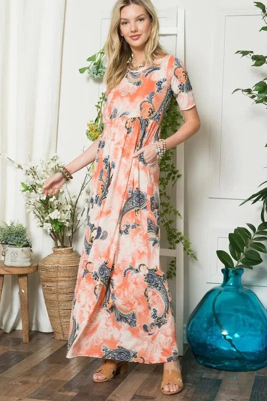 Celeste dresses ORANGE PAISLEY / S Celeste Paisley Print Short Sleeve Maxi Dress with Pockets