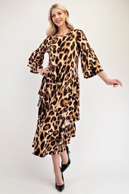 Celeste Leopard / S Celeste Full Size Leopard Asymmetrical Ruffle Midi Dress Plus Size