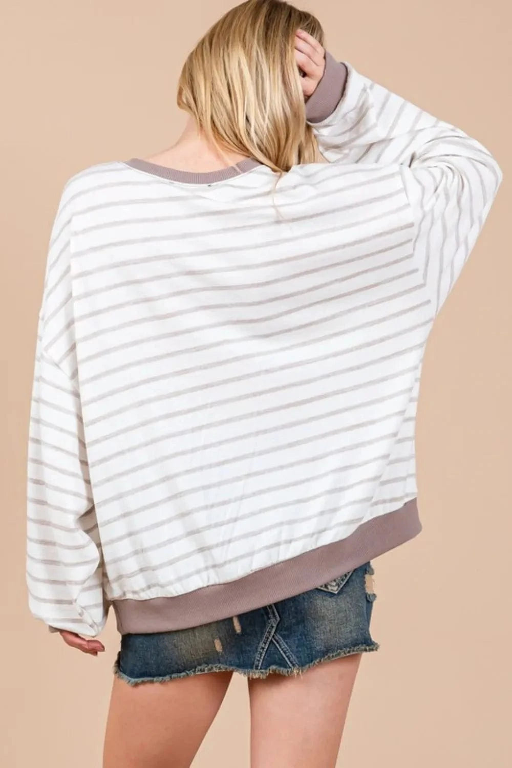 Cesfemme Sweatshirts & Hoodies Ces Femme Striped Round Neck Drop Shoulder Sweatshirt