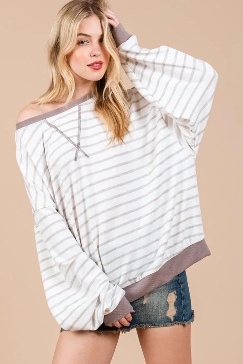 Cesfemme Sweatshirts & Hoodies Ces Femme Striped Round Neck Drop Shoulder Sweatshirt