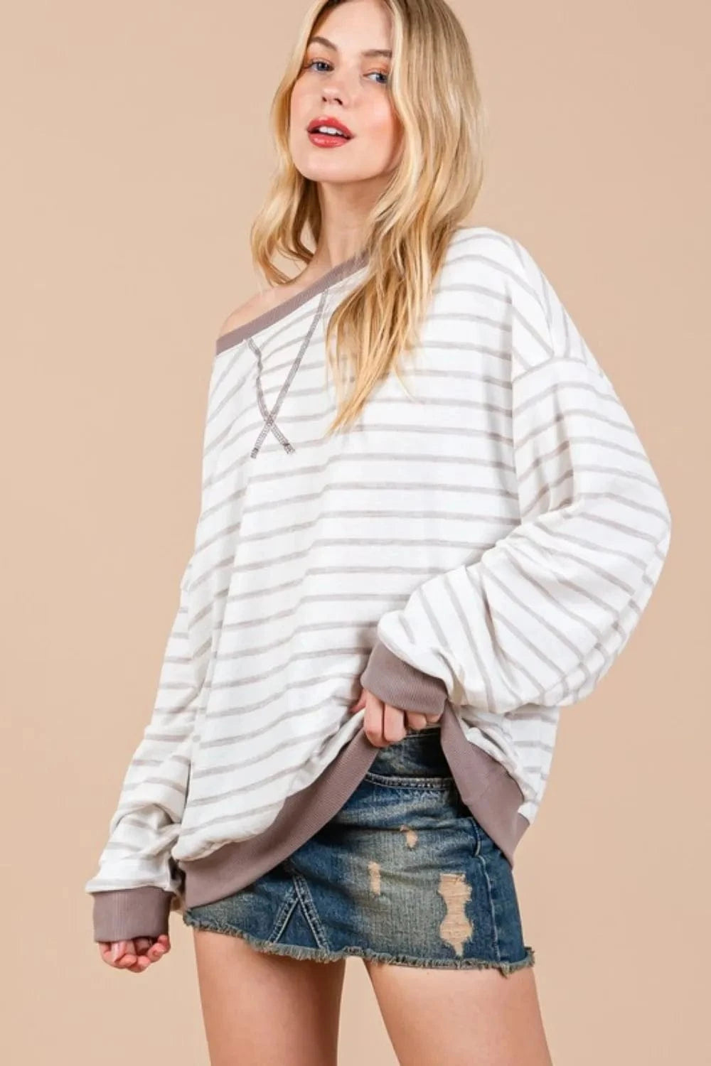 Cesfemme Sweatshirts & Hoodies Ces Femme Striped Round Neck Drop Shoulder Sweatshirt