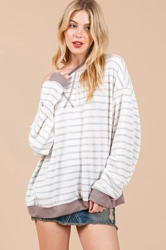 Cesfemme Sweatshirts & Hoodies Taupe/Mocha / S Ces Femme Striped Round Neck Drop Shoulder Sweatshirt