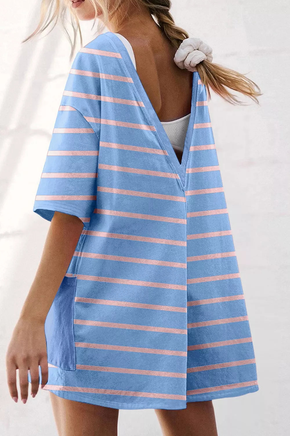 Striped romper shown from the back