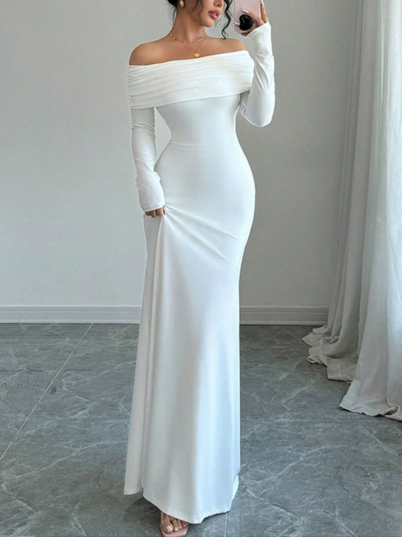 White off shoulder long sleeve bodycon maxi dress front view