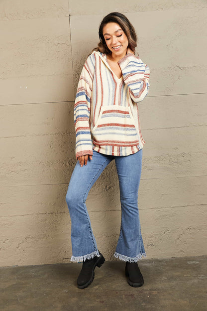 Striped Hooded Sweater with Kangaroo Pocket - Fashorio