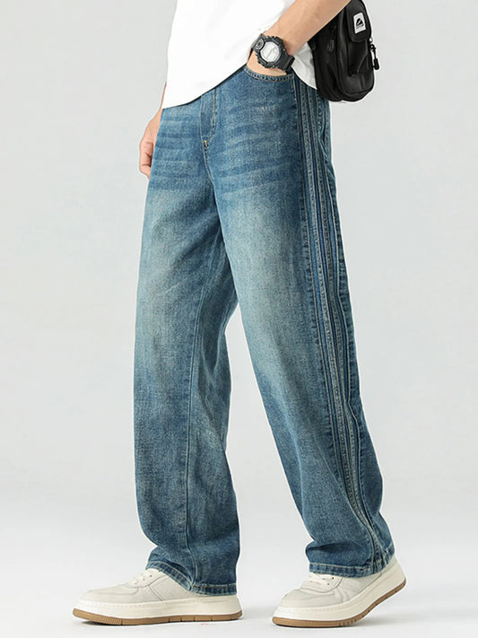 Men's Plus Size Vintage Straight Leg Jeans with Side Stripes Blue - Fashorio