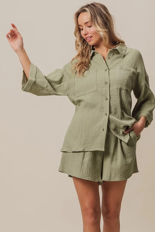 BiBi Crinkle Gauze Shirt and Short Set - Fashorio