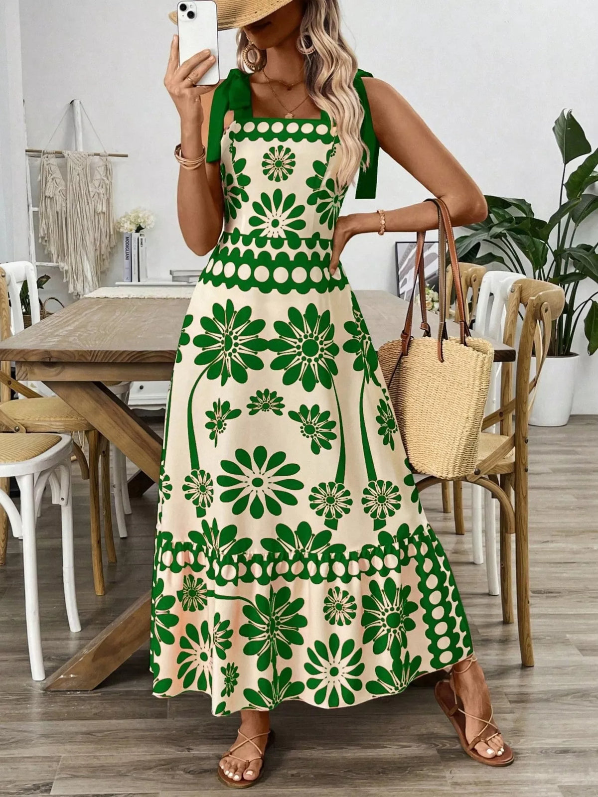 Red floral print tie shoulder midi dress front view