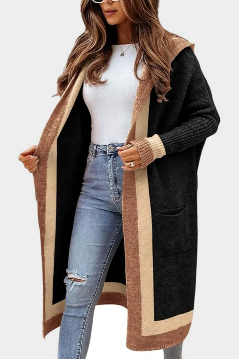 Pocketed Contrast Long Sleeve Hooded Cardigan - Fashorio
