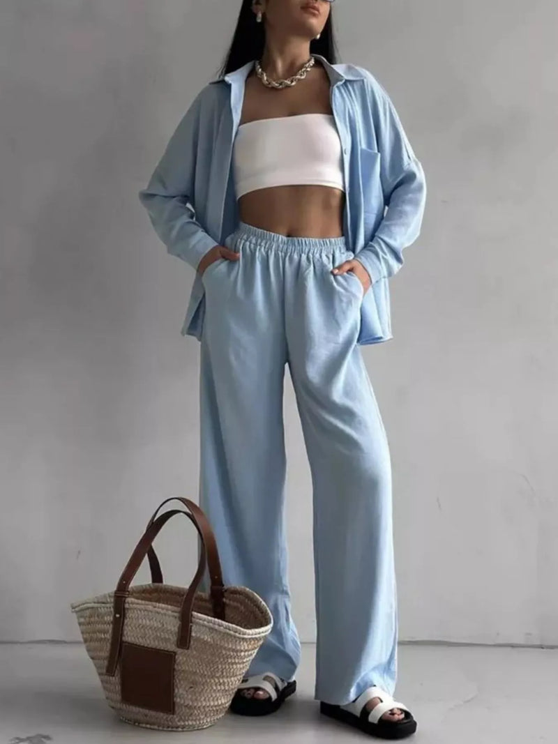 Relaxed fit shirt and wide leg pants set front view