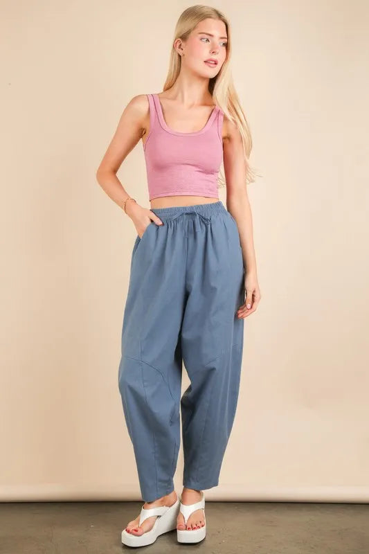 VERY J Solid Barrel Comfy Woven Pants Denim - Fashorio