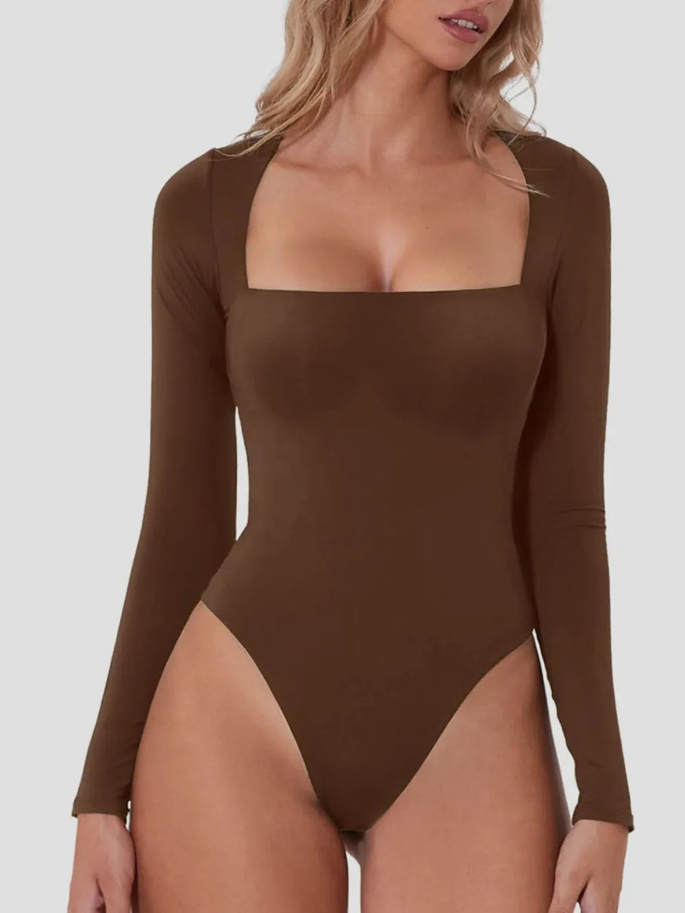 Square Neck Long Sleeve Bodysuit - Fashorio