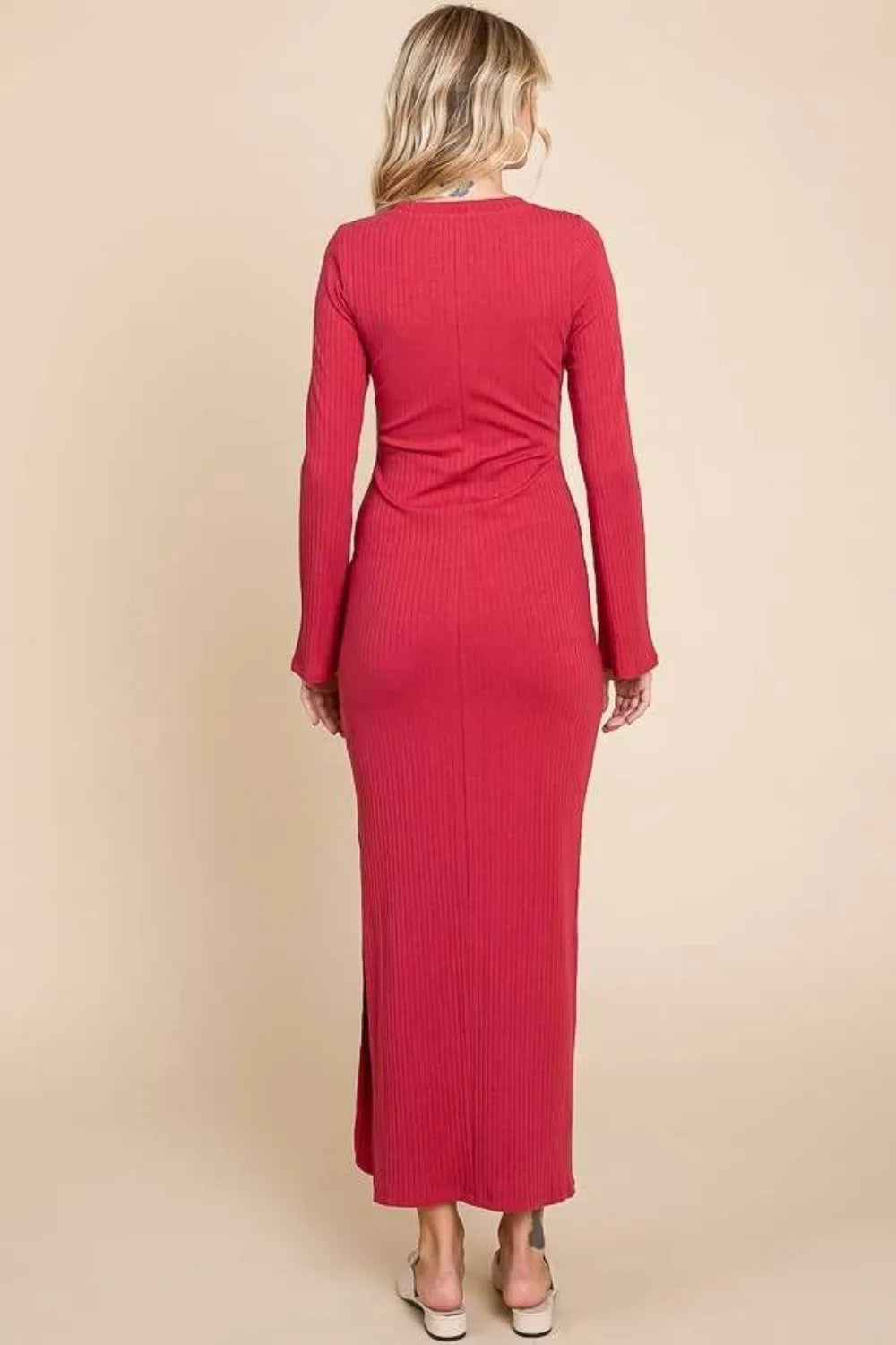 Round neck bell sleeve bodycon maxi dress side view