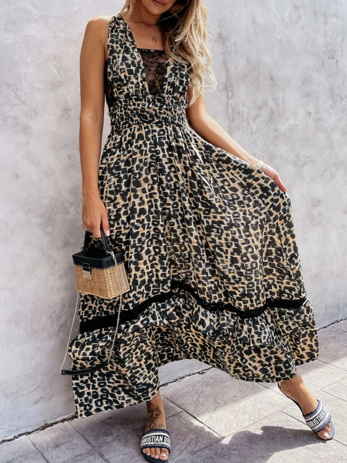 Leopard print sleeveless maxi dress side view