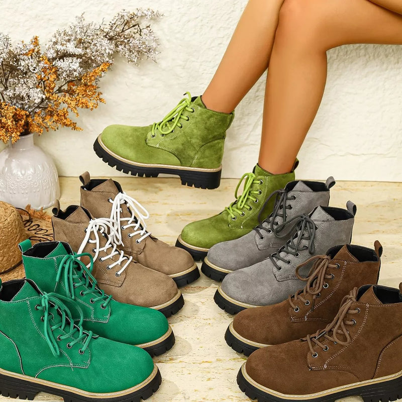 Round toe lace up suede boots front view