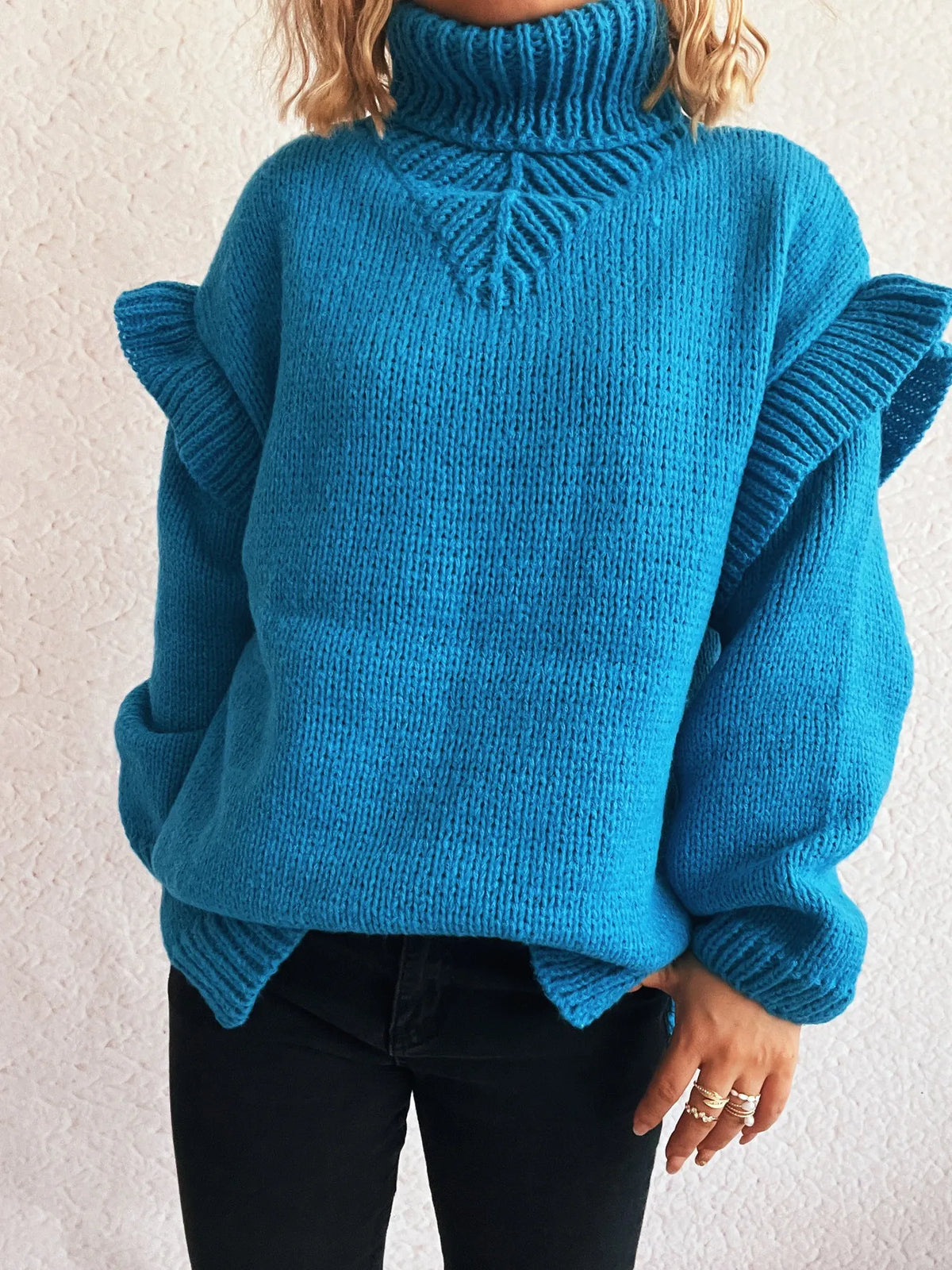 Ruffled turtleneck long sleeve sweater back view