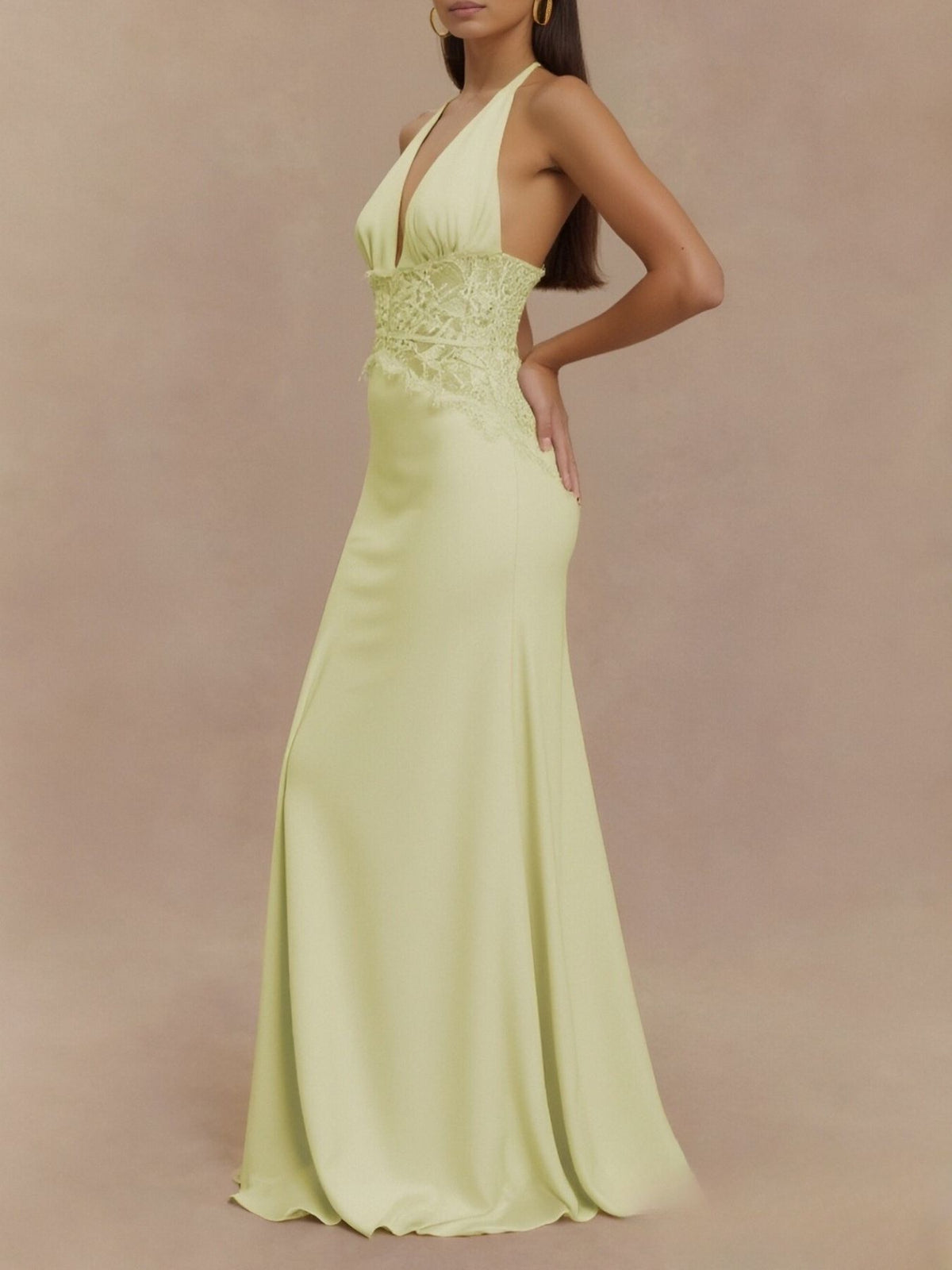 Halter neck lace trimmed maxi dress shoulder detail
