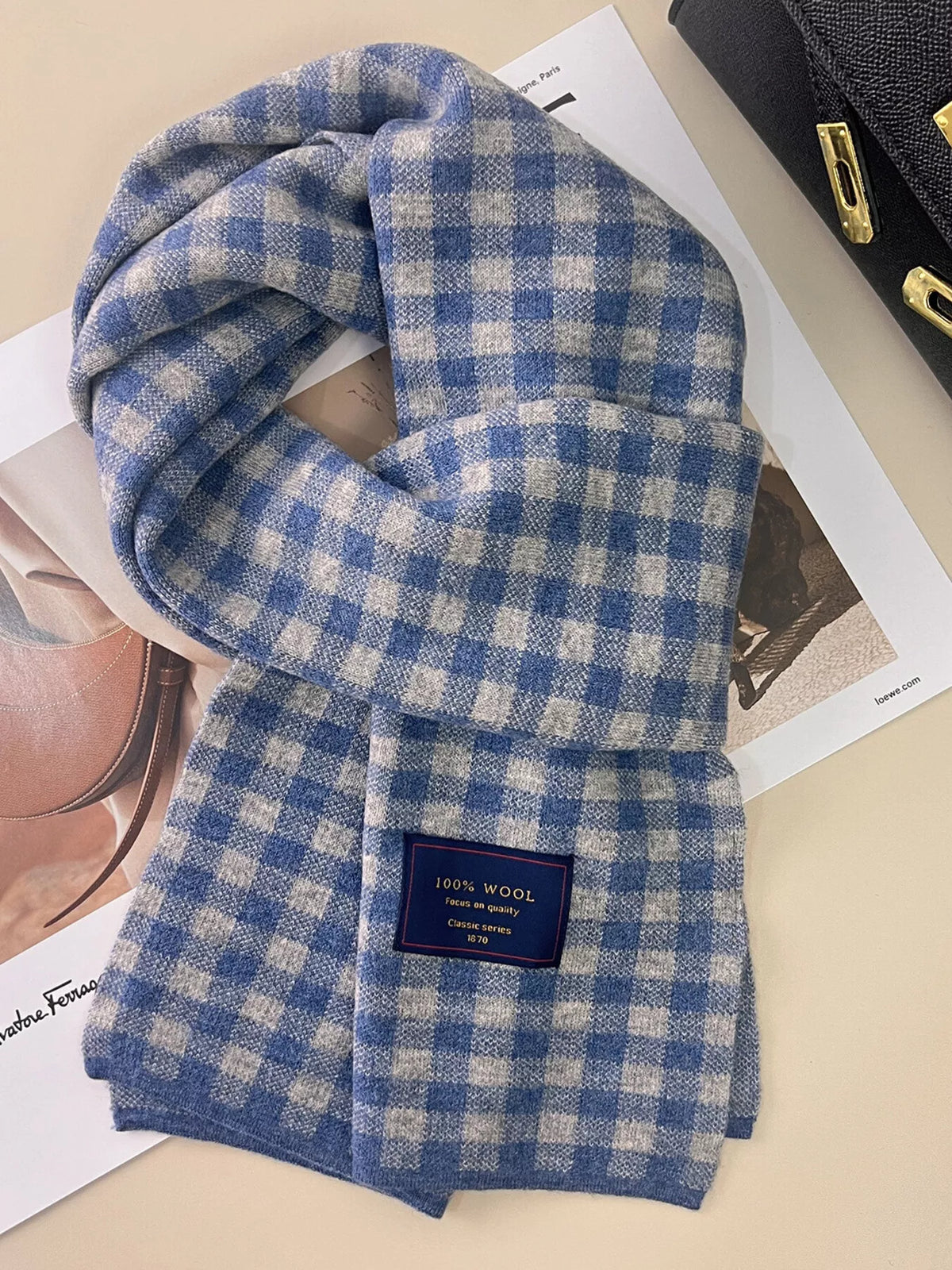 Wool plaid scarf styled with winter outerwear