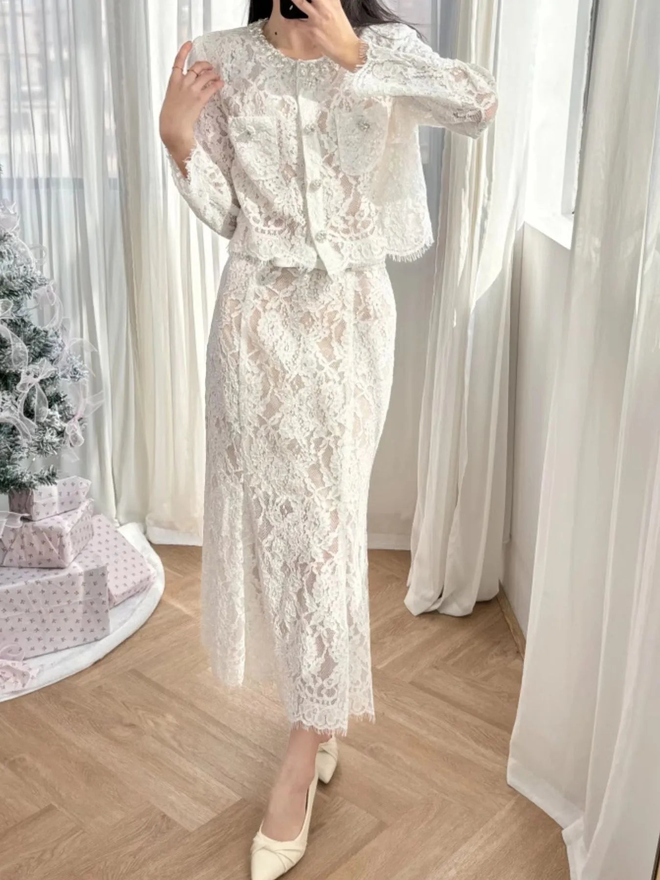 Lace Snap Down Top and Skirt Set - Fashorio