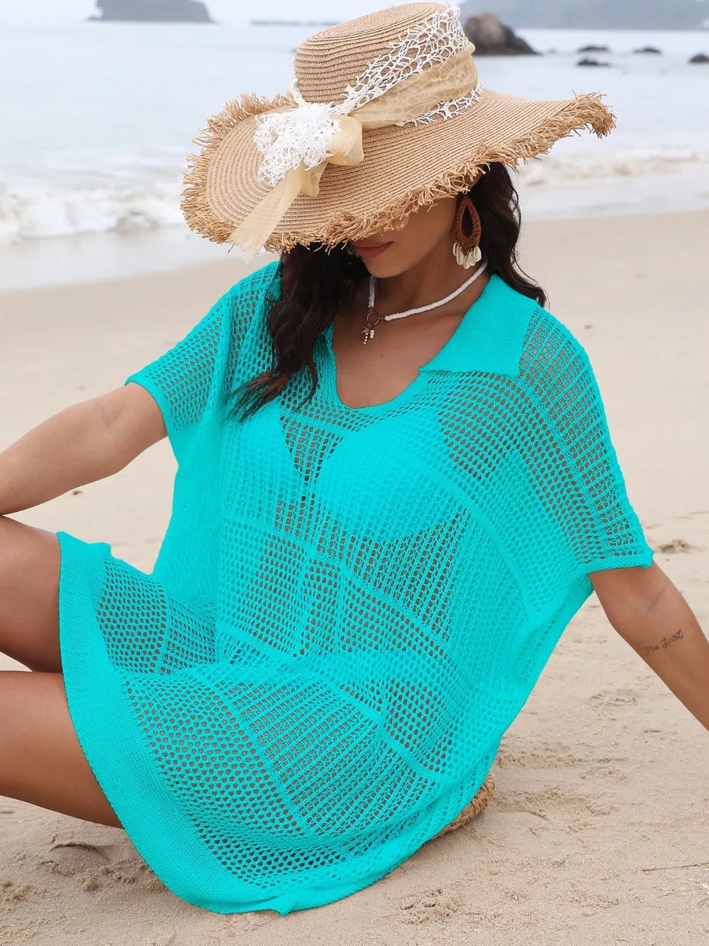Hollow Out Collared Kimono Cover Up, view 14