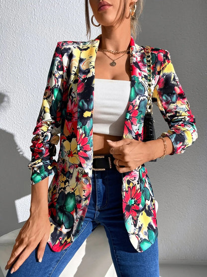Vibrant Floral Print Open Front Blazer Floral - Fashorio