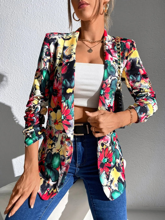 Vibrant Floral Print Open Front Blazer Floral - Fashorio