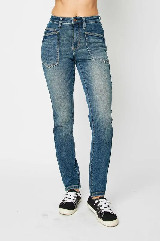 Dark wash high waist skinny jeans front view