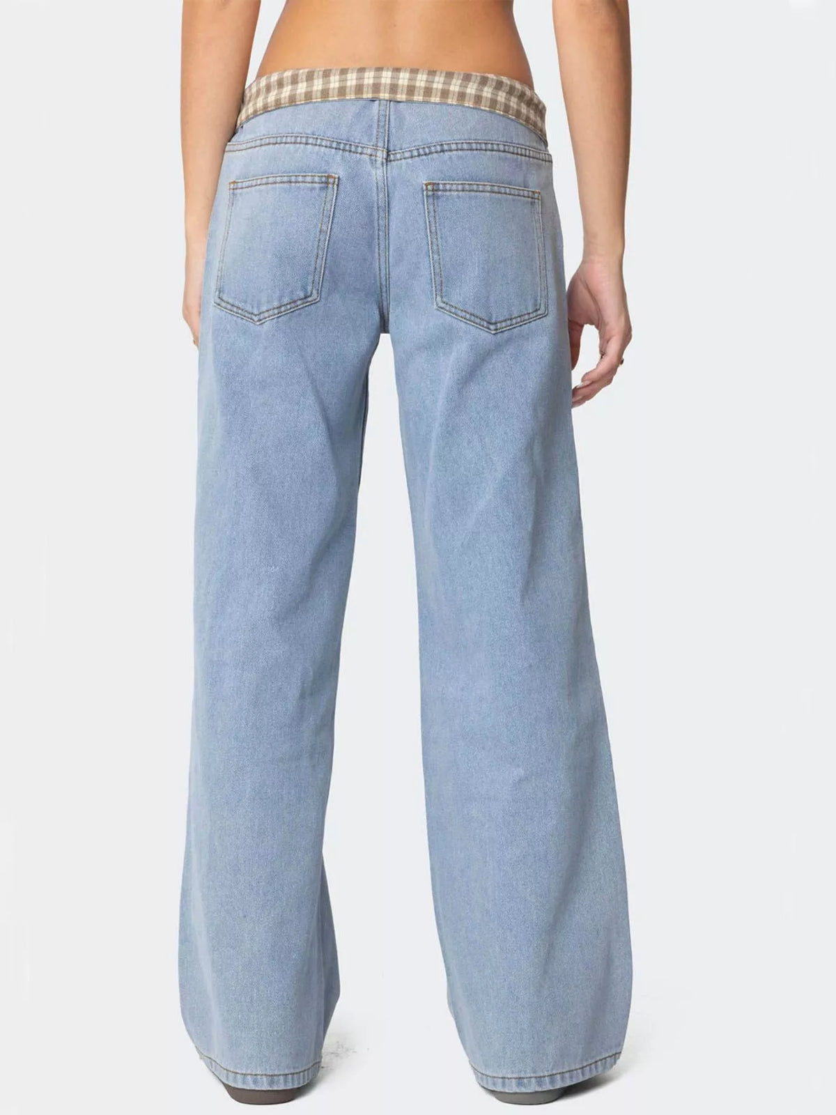 Plaid trim wide leg jeans back view