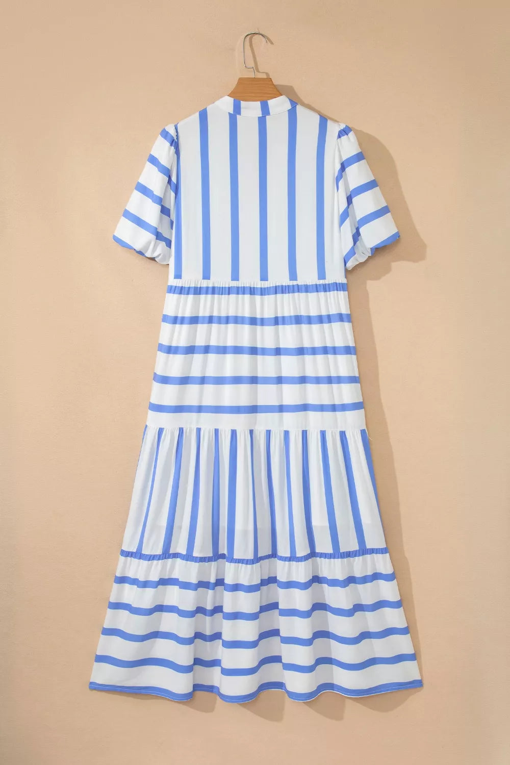 Light blue striped half sleeve maxi dress three quarter view