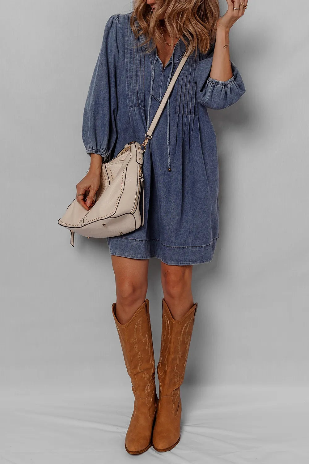 Tie Neck Long Sleeve Mini Denim Dress - Fashorio