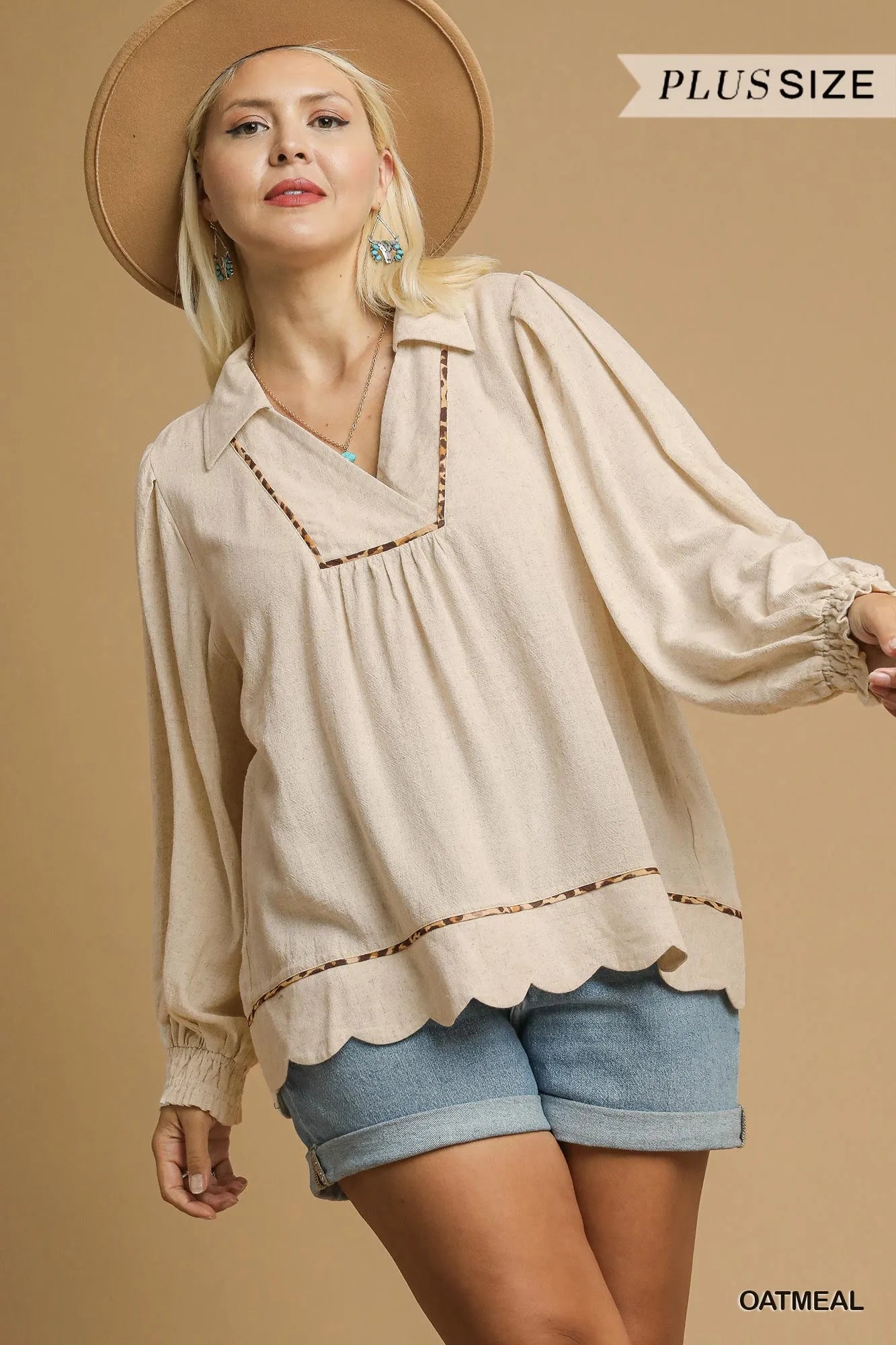 Umgee Full Size Linen Scallop Hem Blouse with Contrast Trim Plus Size - Fashorio