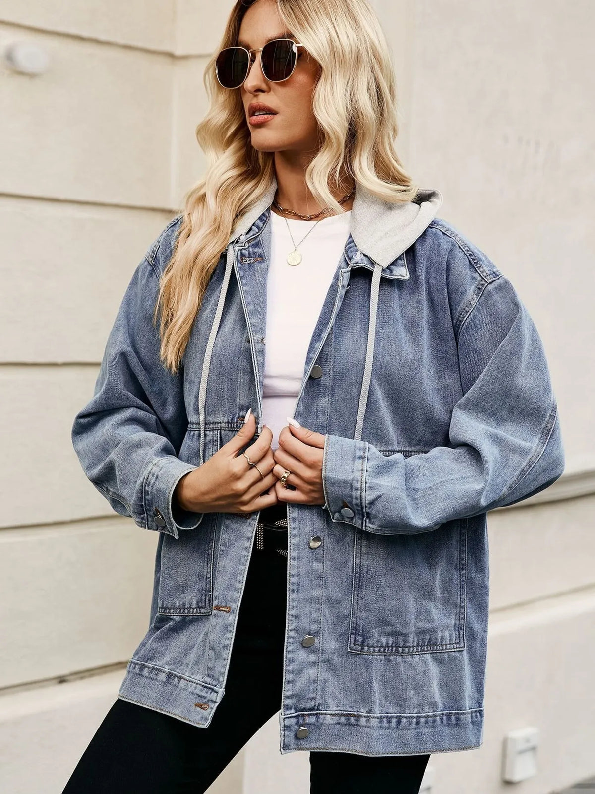 Oversized Hooded Denim Jacket in Light Blue view 8