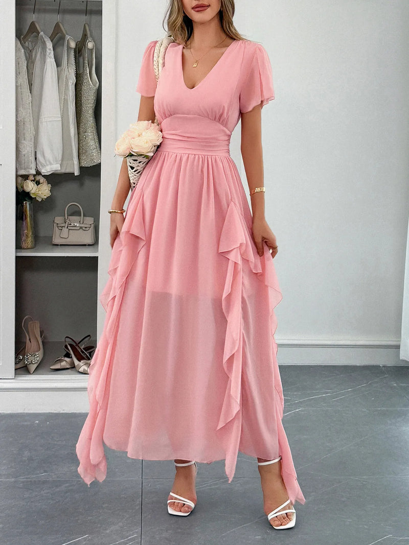 Pink v neck flutter sleeve maxi dress, front view