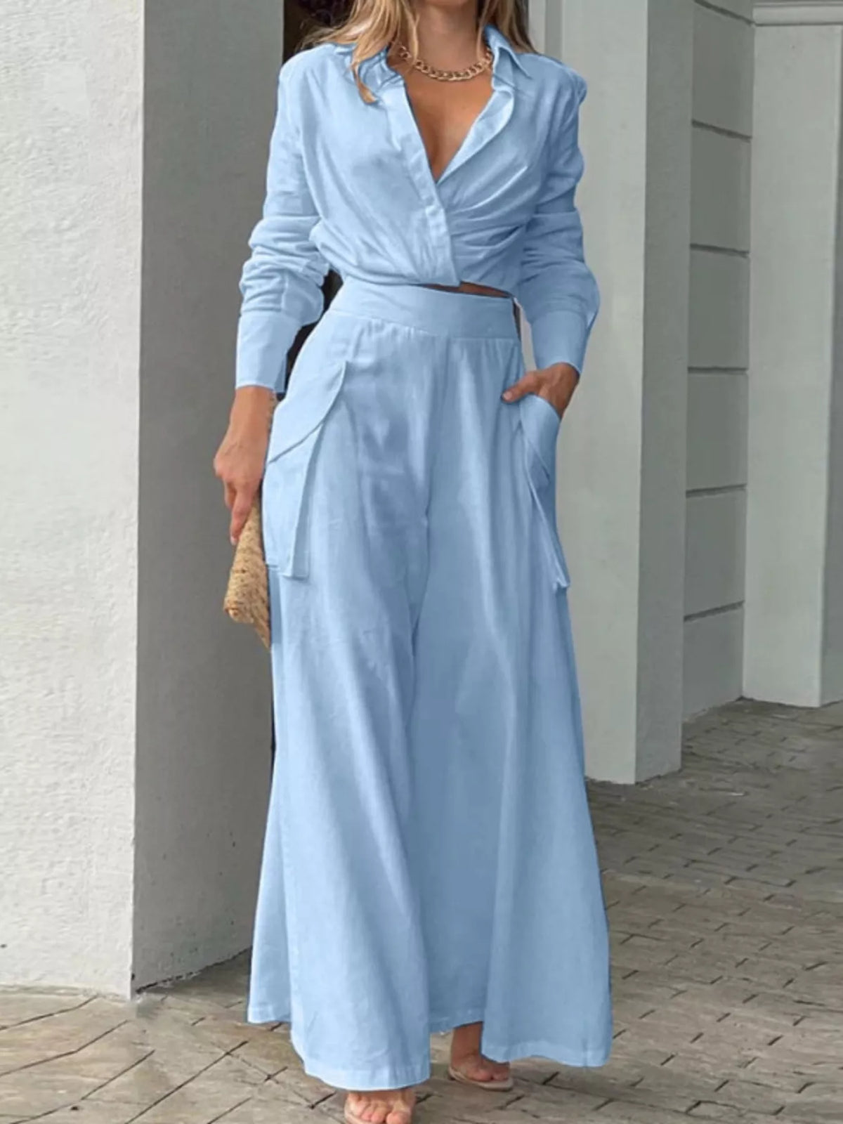 Long sleeve shirt and wide leg pants two piece set front view