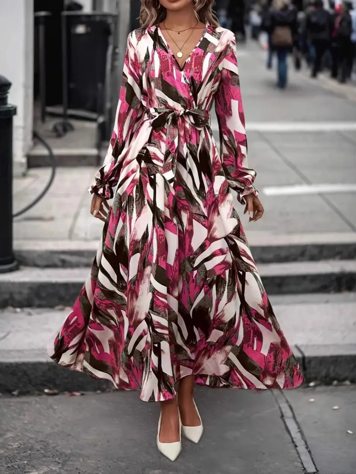 Printed surplice long sleeve maxi dress, three quarter view