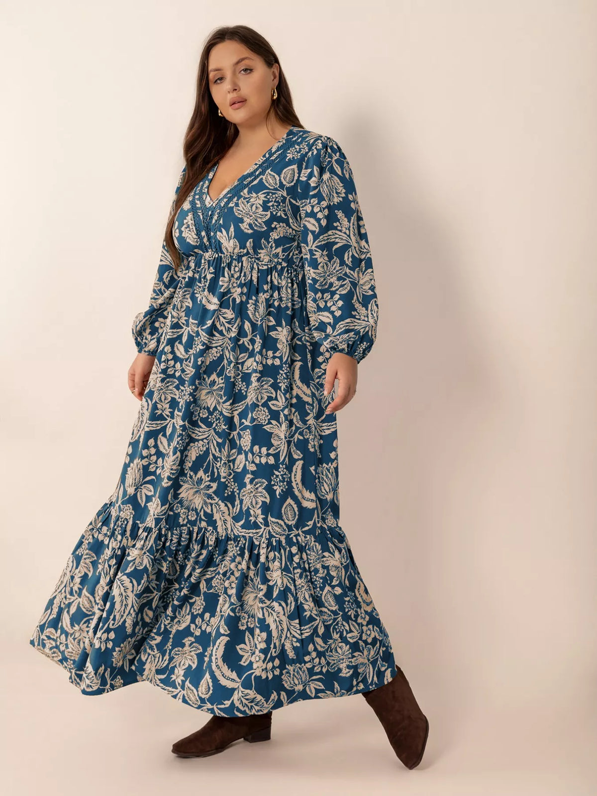 Peacock Blue plus size boho floral long sleeve maxi dress, skirt movement detail
