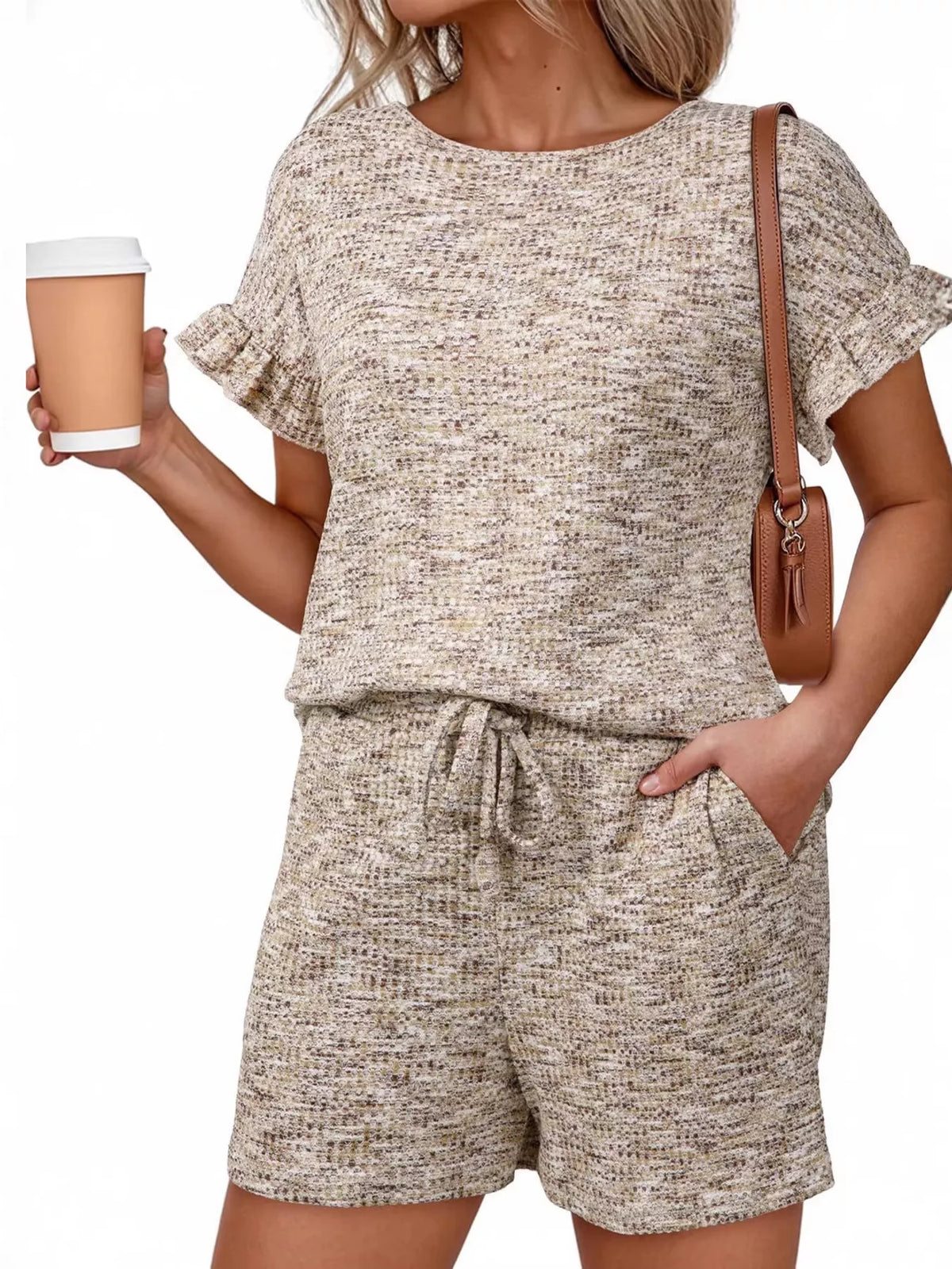 Ruffle Sleeve Textured Top and Shorts Set, view 12