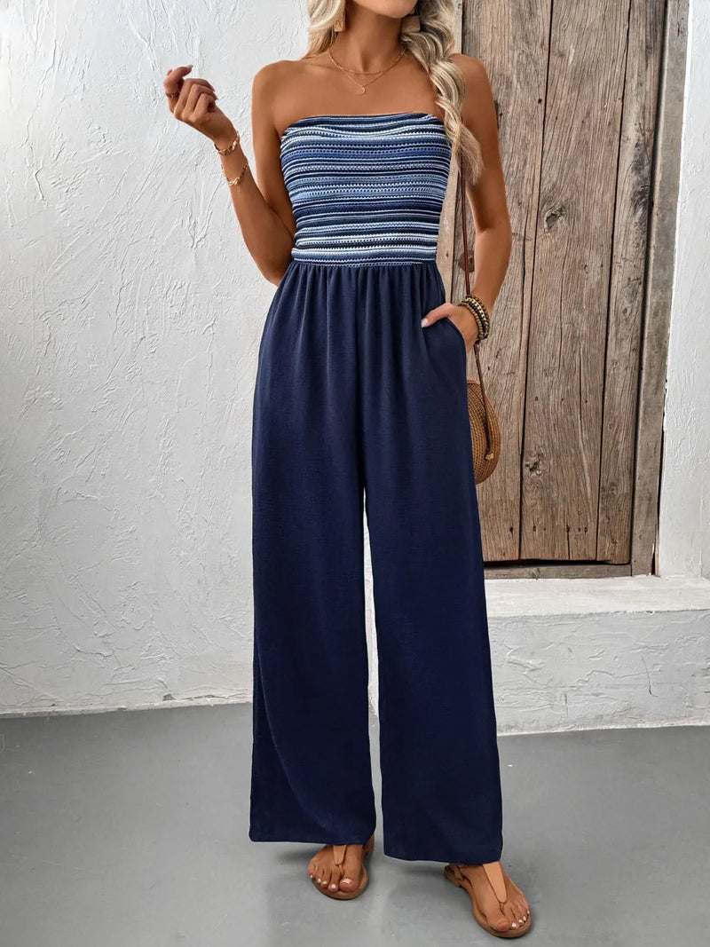 Dark blue strapless tube wide leg jumpsuit front view