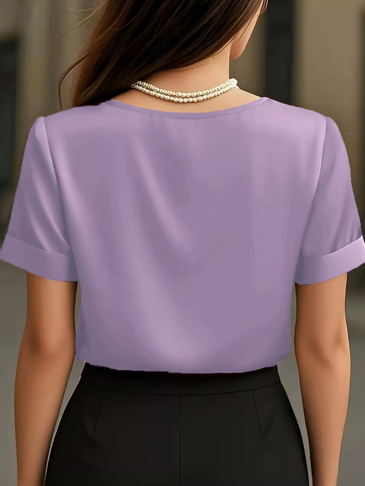 Satin v neck short sleeve blouse back detail view